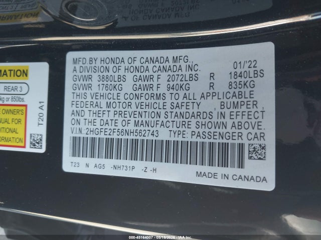 45164007 :رقم المزاد ، 2HGFE2F56NH562743 vin ، 2022 Honda Civic Sport مزاد بيع