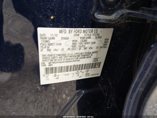 2011 Ford Edge Sport მანქანა იყიდება აუქციონზე, vin: 2FMDK4AK5BBA59741, აუქციონის ნომერი: 45164012