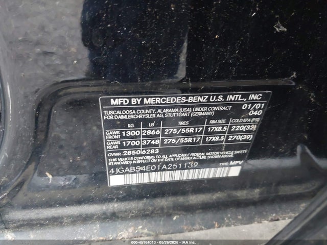 Продаж на аукціоні авто 2001 Mercedes-benz Ml 320, vin: 4JGAB54E01A251139, номер лоту: 45164013