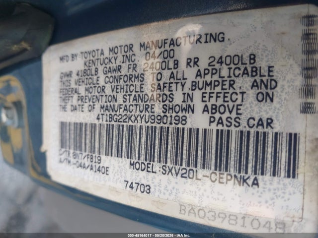 Aukcja sprzedaży 2000 Toyota Camry Le, vin: 4T1BG22KXYU990198, numer aukcji: 45164017