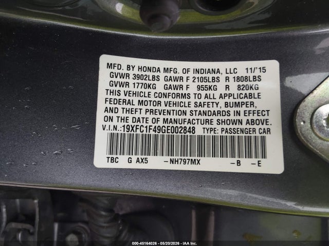 Aukcja sprzedaży 2016 Honda Civic Ex-t, vin: 19XFC1F49GE002848, numer aukcji: 45164026