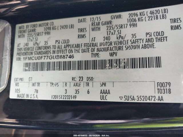 Aukcja sprzedaży 2016 Ford Escape S, vin: 1FMCU0F77GUB88746, numer aukcji: 45164033