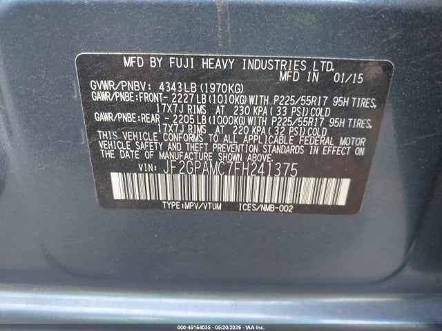 2015 Subaru Xv Crosstrek 2.0i Limited მანქანა იყიდება აუქციონზე, vin: JF2GPAMC7FH241375, აუქციონის ნომერი: 45164035
