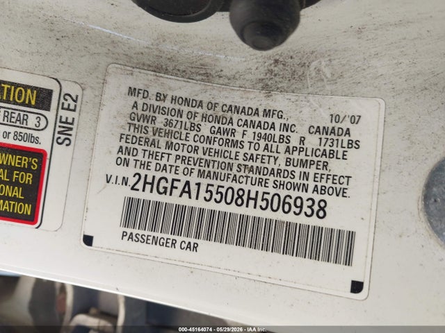 45164074 :رقم المزاد ، 2HGFA15508H506938 vin ، 2008 Honda Civic Lx مزاد بيع