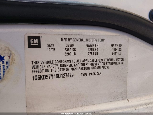 45164077 :رقم المزاد ، 1G6KD57Y16U127429 vin ، 2006 Cadillac Dts Standard مزاد بيع