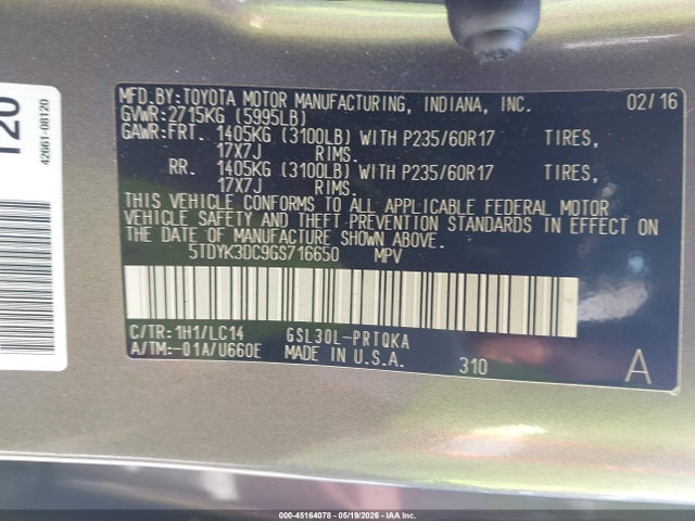 Aukcja sprzedaży 2016 Toyota Sienna Xle 8 Passenger, vin: 5TDYK3DC9GS716650, numer aukcji: 45164078