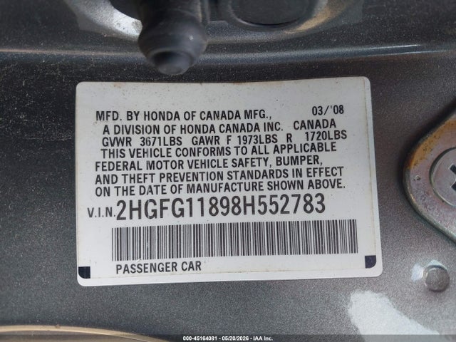 Aukcja sprzedaży 2008 Honda Civic Ex, vin: 2HGFG11898H552783, numer aukcji: 45164081