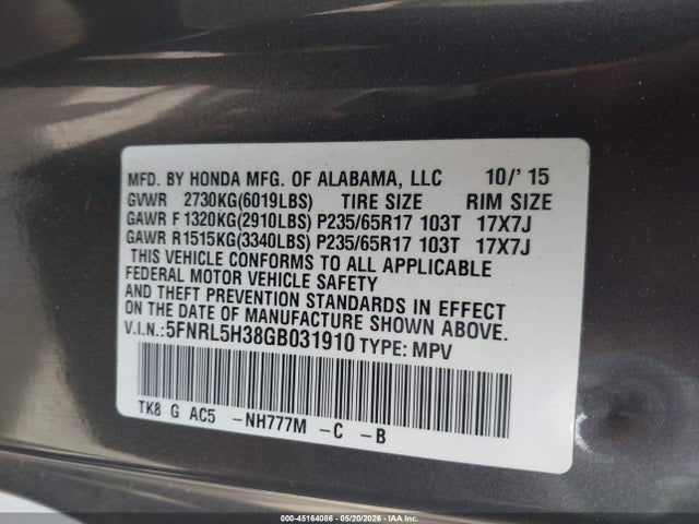 Продаж на аукціоні авто 2016 Honda Odyssey Se, vin: 5FNRL5H38GB031910, номер лоту: 45164086