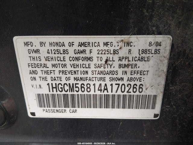 2004 Honda Accord 2.4 Ex მანქანა იყიდება აუქციონზე, vin: 1HGCM56814A170266, აუქციონის ნომერი: 45164088