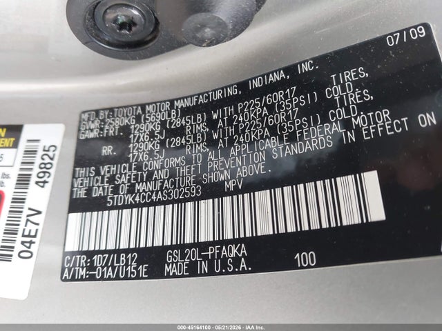Продажа на аукционе авто 2010 Toyota Sienna Xle, vin: 5TDYK4CC4AS302593, номер лота: 45164100