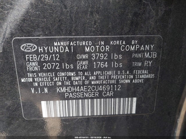 Продажа на аукционе авто 2012 Hyundai Elantra Limited (ulsan Plant), vin: KMHDH4AE2CU469112, номер лота: 45164101