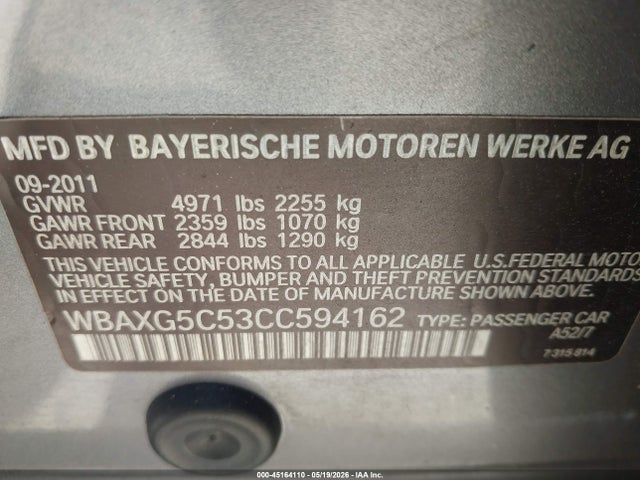 Aukcja sprzedaży 2012 Bmw 528i, vin: WBAXG5C53CC594162, numer aukcji: 45164110