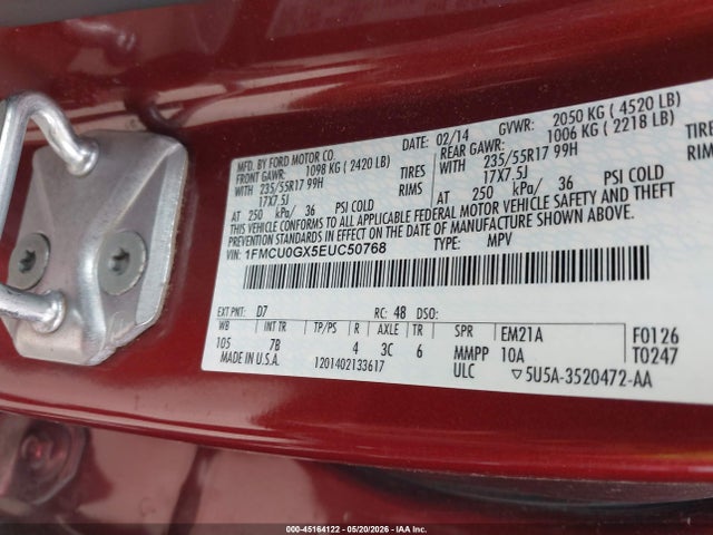 45164122 :رقم المزاد ، 1FMCU0GX5EUC50768 vin ، 2014 Ford Escape Se مزاد بيع