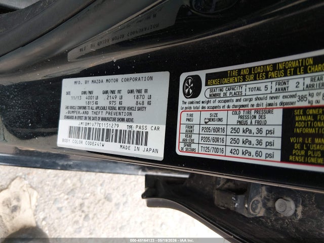 45164123 :رقم المزاد ، JM1BM1V77E1151279 vin ، 2014 Mazda Mazda3 I Touring مزاد بيع