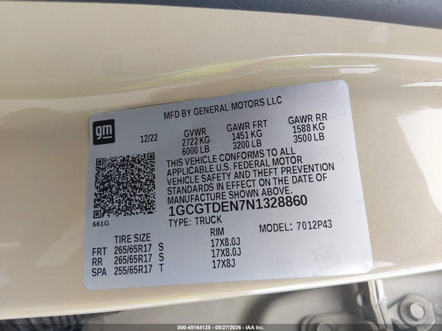 Продажа на аукционе авто 2022 Chevrolet Colorado 4wd  Short Box Z71, vin: 1GCGTDEN7N1328860, номер лота: 45164125