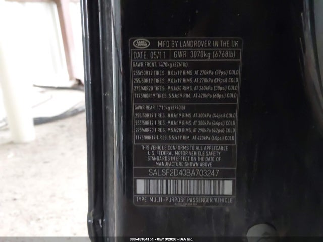 45164151 :رقم المزاد ، SALSF2D40BA703247 vin ، 2011 Land Rover Range Rover Sport Hse مزاد بيع