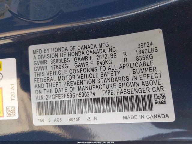 45164160 :رقم المزاد ، 2HGFE2F59SH506274 vin ، 2025 Honda Civic Sport مزاد بيع