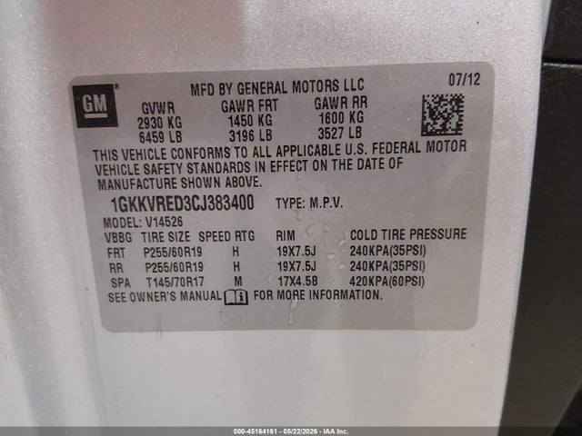 45164161 :رقم المزاد ، 1GKKVRED3CJ383400 vin ، 2012 Gmc Acadia Slt-1 مزاد بيع