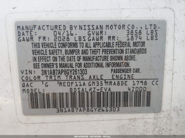 45164168 :رقم المزاد ، 3N1AB7AP8GY261303 vin ، 2016 Nissan Sentra Sr مزاد بيع