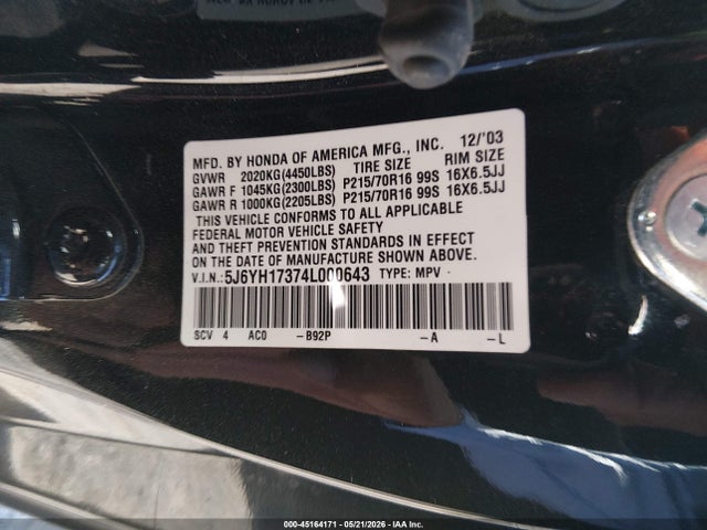 Aukcja sprzedaży 2004 Honda Element Lx, vin: 5J6YH17374L000643, numer aukcji: 45164171