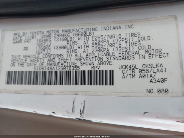 45164175 :رقم المزاد ، 5TDBT48A12S078355 vin ، 2002 Toyota Sequoia Limited V8 مزاد بيع