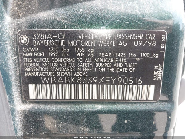 1999 Bmw 328ic მანქანა იყიდება აუქციონზე, vin: WBABK8339XEY90516, აუქციონის ნომერი: 45164183