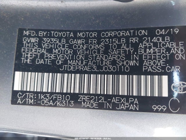 Auction sale of the 2020 Toyota Corolla Le, vin: JTDEPRAE3LJ030110, lot number: 45164187
