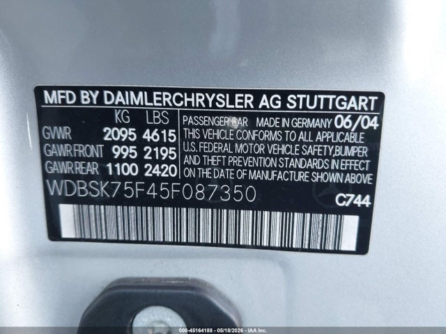 45164188 :رقم المزاد ، WDBSK75F45F087350 vin ، 2005 Mercedes-benz Sl 500 مزاد بيع