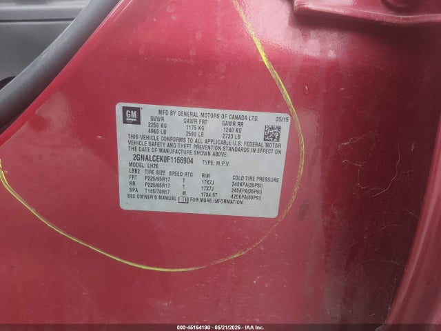 Продажа на аукционе авто 2015 Chevrolet Equinox 2lt, vin: 2GNALCEK0F1166904, номер лота: 45164190