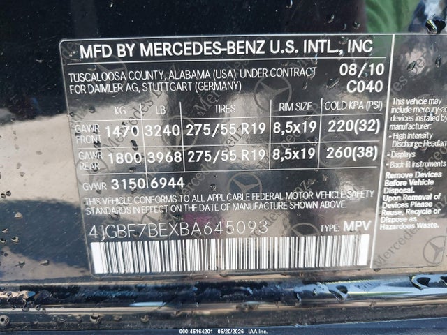 Aukcja sprzedaży 2011 Mercedes-benz Gl 450 4matic, vin: 4JGBF7BEXBA645093, numer aukcji: 45164201