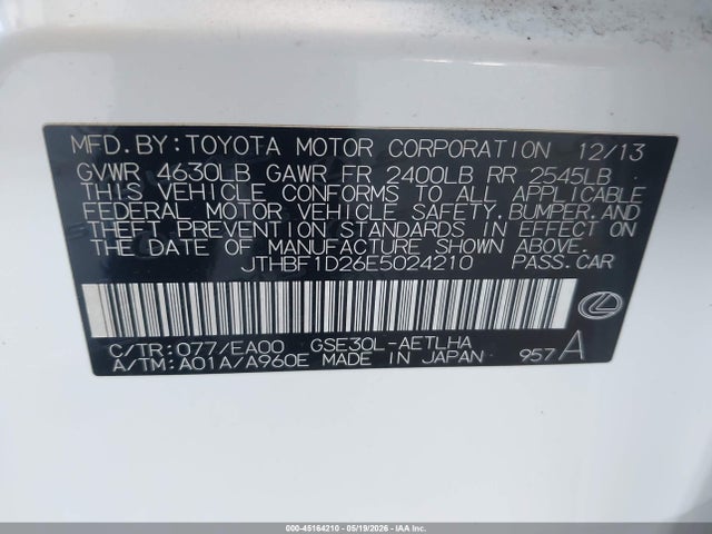 Продажа на аукционе авто 2014 Lexus Is 250, vin: JTHBF1D26E5024210, номер лота: 45164210
