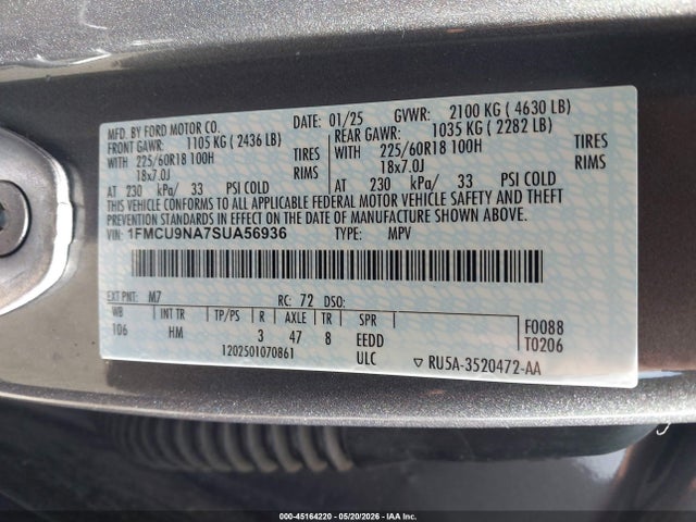 45164220 :رقم المزاد ، 1FMCU9NA7SUA56936 vin ، 2025 Ford Escape St-line Select مزاد بيع