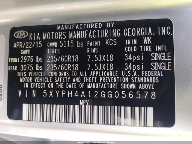 45164223 :رقم المزاد ، 5XYPH4A12GG056578 vin ، 2016 Kia Sorento 2.0t Ex مزاد بيع