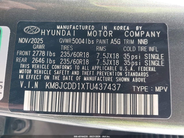 45164225 :رقم المزاد ، KM8JCDD1XTU437437 vin ، 2026 Hyundai Tucson Hybrid Sel Convenience مزاد بيع