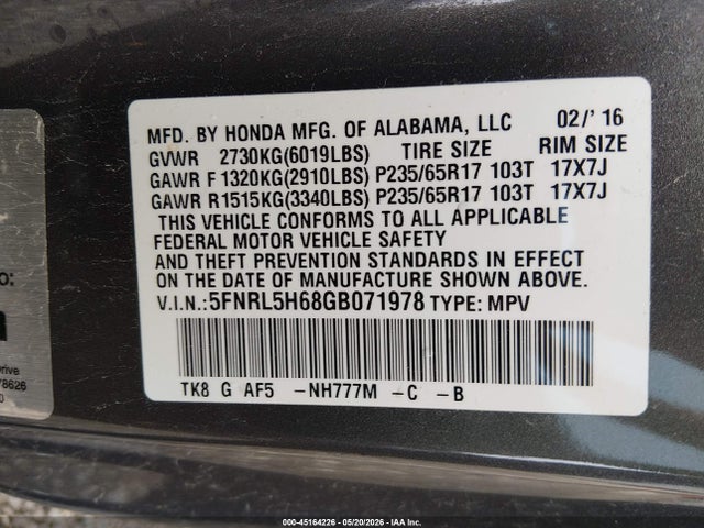 5FNRL5H68GB071978 Honda Odyssey Ex-l