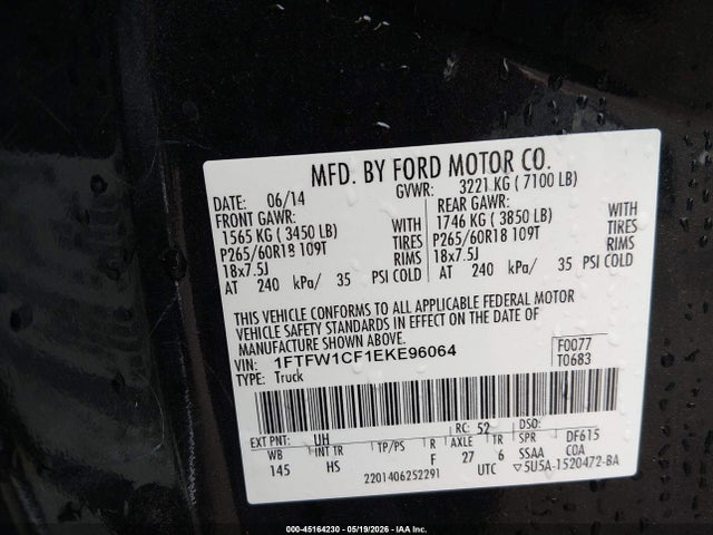 Aukcja sprzedaży 2014 Ford F-150 Lariat, vin: 1FTFW1CF1EKE96064, numer aukcji: 45164230