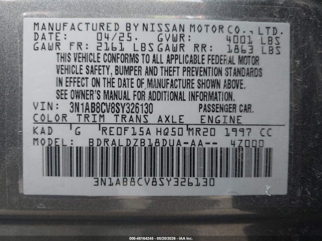 45164245 :رقم المزاد ، 3N1AB8CV8SY326130 vin ، 2025 Nissan Sentra Sv مزاد بيع