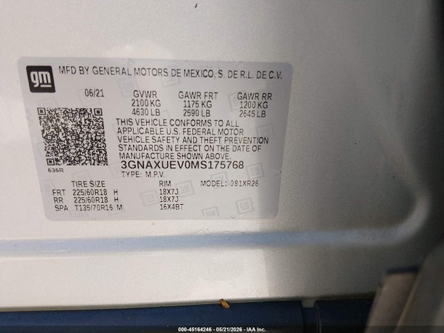 Aukcja sprzedaży 2021 Chevrolet Equinox Awd Lt, vin: 3GNAXUEV0MS175768, numer aukcji: 45164246
