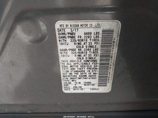 2017 Nissan Rogue Sl მანქანა იყიდება აუქციონზე, vin: JN8AT2MT7HW147960, აუქციონის ნომერი: 45164247