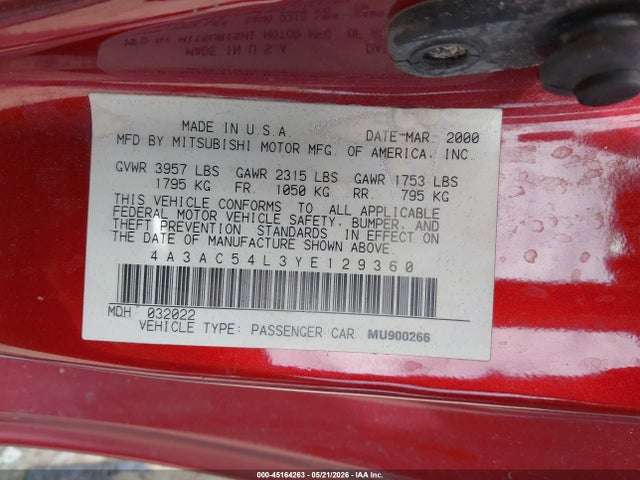 Продаж на аукціоні авто 2000 Mitsubishi Eclipse Gt, vin: 4A3AC54L3YE129360, номер лоту: 45164263