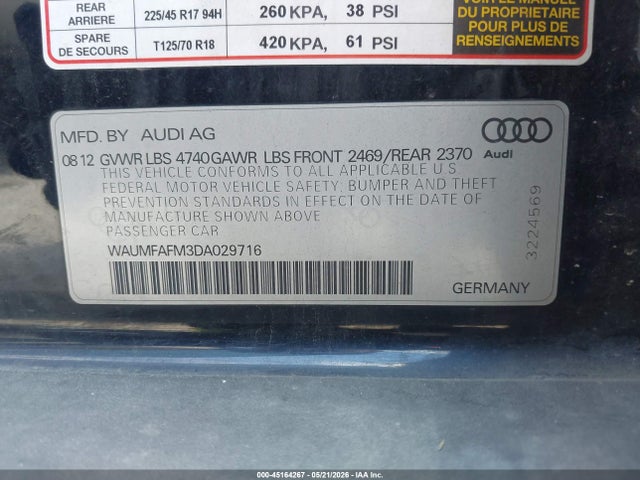 45164267 :رقم المزاد ، WAUMFAFM3DA029716 vin ، 2013 Audi A3 2.0t Premium مزاد بيع