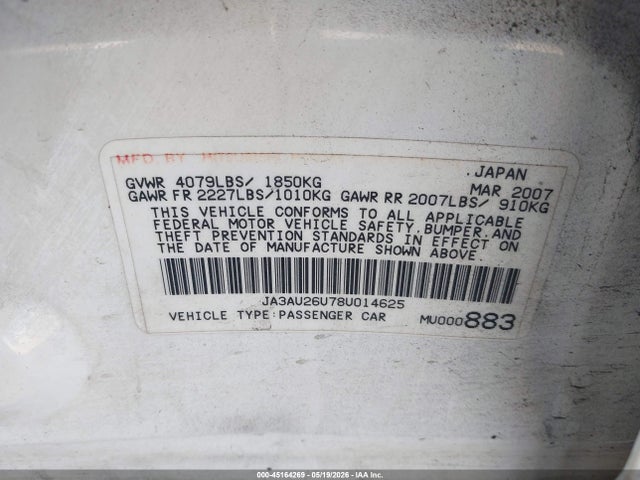 Aukcja sprzedaży 2008 Mitsubishi Lancer De/es, vin: JA3AU26U78U014625, numer aukcji: 45164269