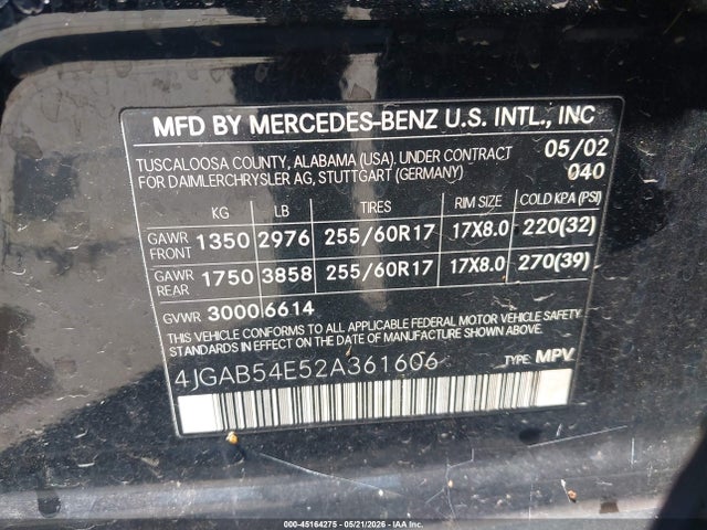 2002 Mercedes-benz Ml 320 მანქანა იყიდება აუქციონზე, vin: 4JGAB54E52A361606, აუქციონის ნომერი: 45164275