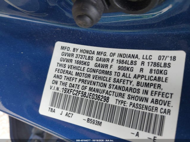 2018 Honda Civic Lx მანქანა იყიდება აუქციონზე, vin: 19XFC2F58JE036298, აუქციონის ნომერი: 45164277