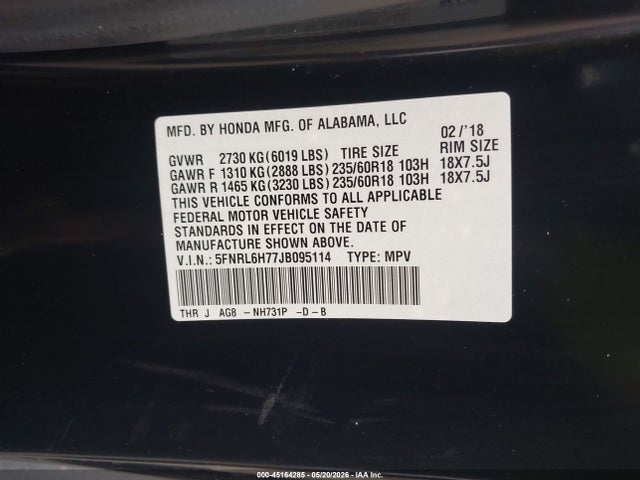 Продаж на аукціоні авто 2018 Honda Odyssey Ex-l, vin: 5FNRL6H77JB095114, номер лоту: 45164285