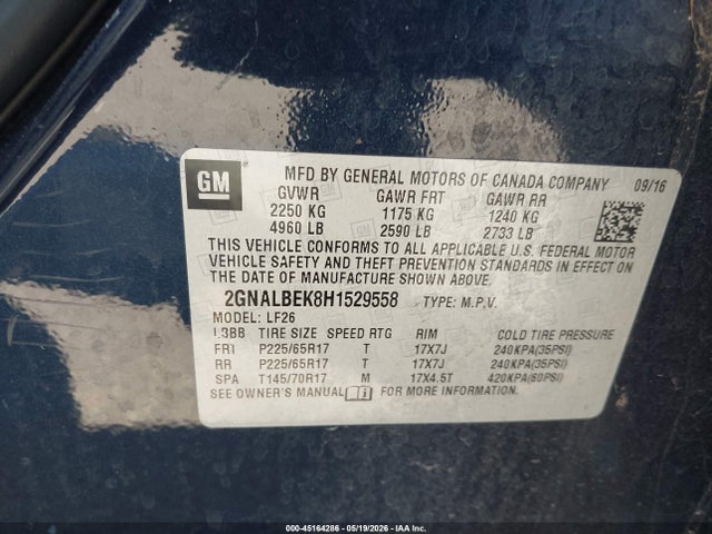 2017 Chevrolet Equinox Ls მანქანა იყიდება აუქციონზე, vin: 2GNALBEK8H1529558, აუქციონის ნომერი: 45164286