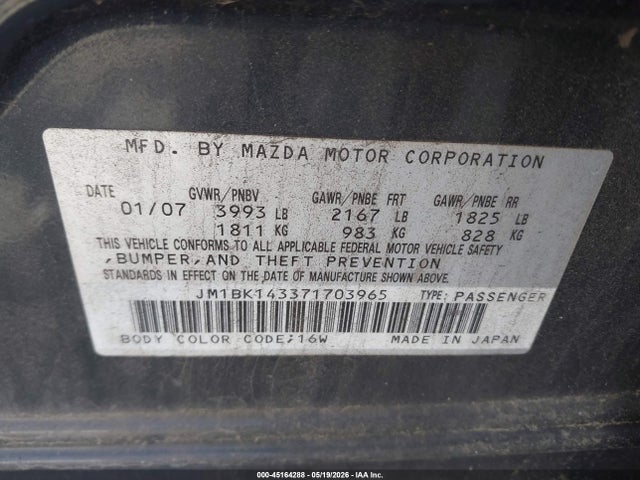 2007 Mazda Mazda3 S Sport მანქანა იყიდება აუქციონზე, vin: JM1BK143371703965, აუქციონის ნომერი: 45164288