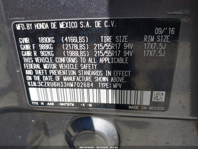 2017 Honda Hr-v Lx მანქანა იყიდება აუქციონზე, vin: 3CZRU6H33HM702684, აუქციონის ნომერი: 45164301