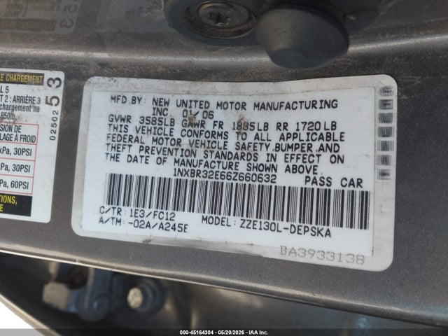 Продаж на аукціоні авто 2006 Toyota Corolla S, vin: 1NXBR32E66Z660632, номер лоту: 45164304