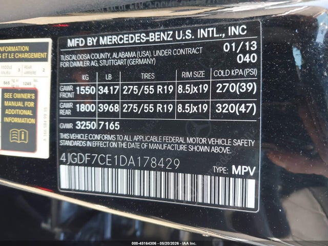 45164306 :رقم المزاد ، 4JGDF7CE1DA178429 vin ، 2013 Mercedes-benz Gl 450 4matic مزاد بيع